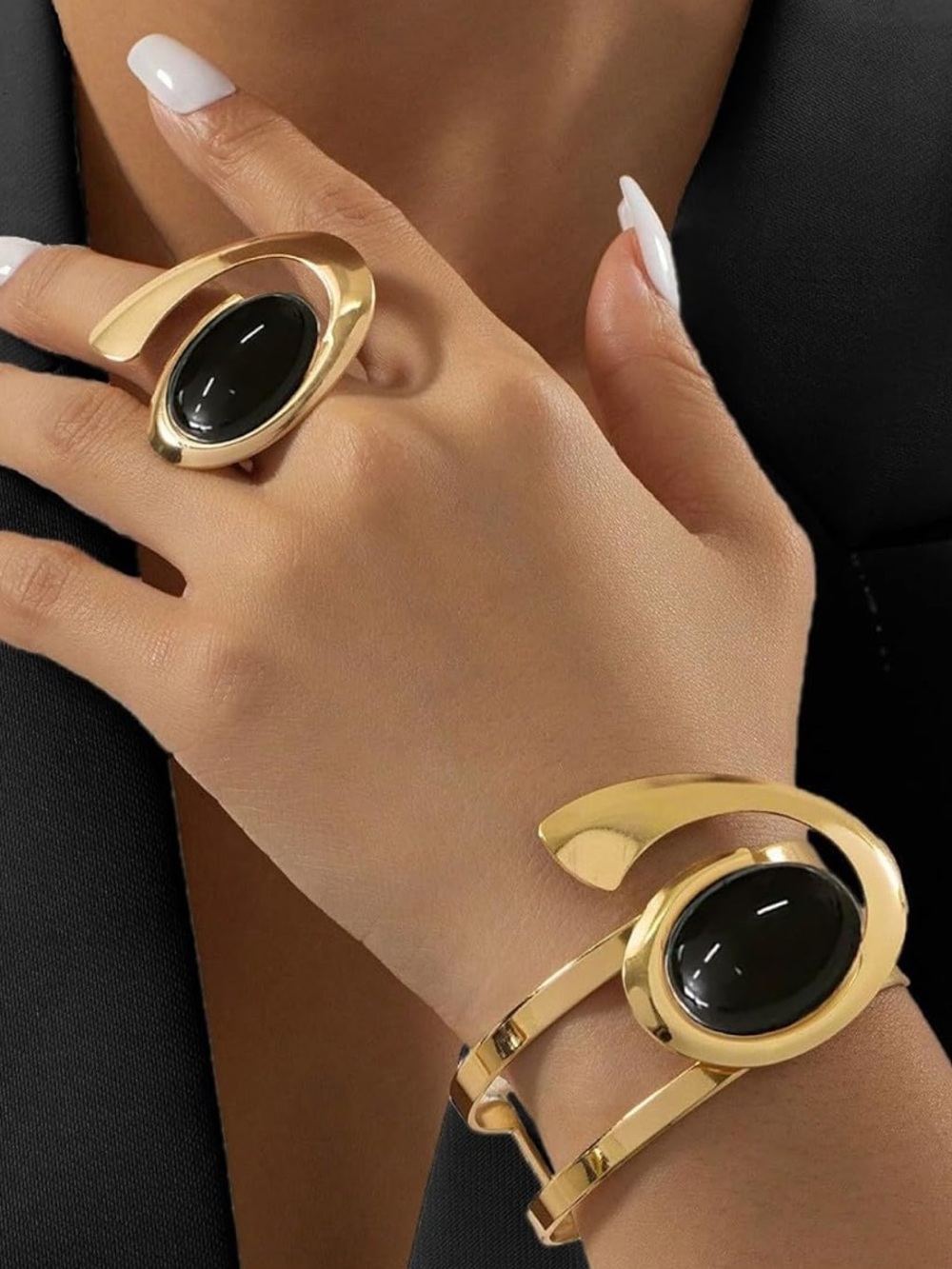Anthropologie Gold-Tone Ring with Black Oval Stone